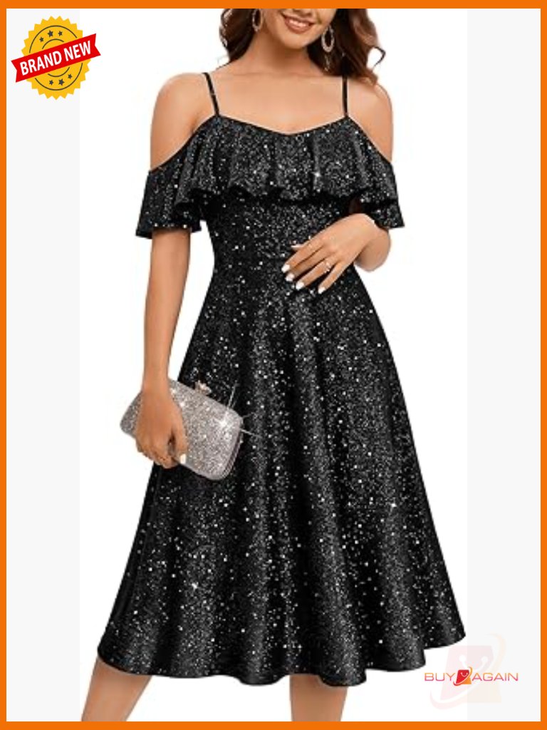 Off The Shoulder Sequin Midi Dress Formal Prom Cocktail Wedding Guest Graduation
